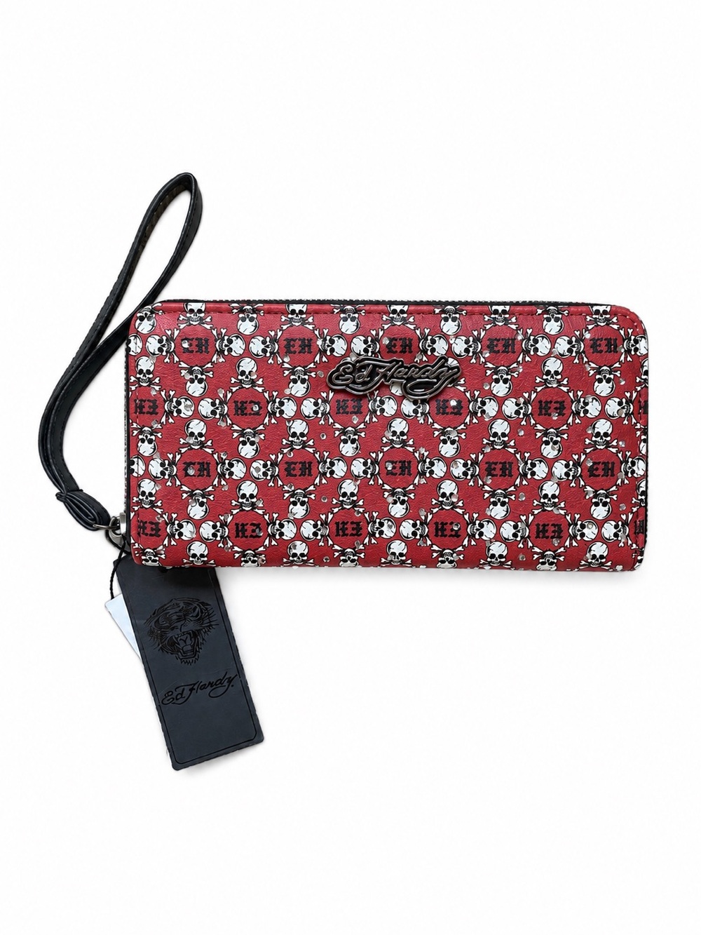 Ed Hardy Red Skull Print Wristlet Wallet With Rhinestone Detail